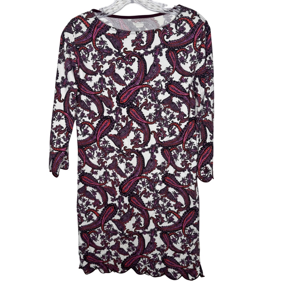 Coolibar Womens XS Paisley UPF 50+ Sun Dress 3/4‎ Sleeve Scalloped Hem White